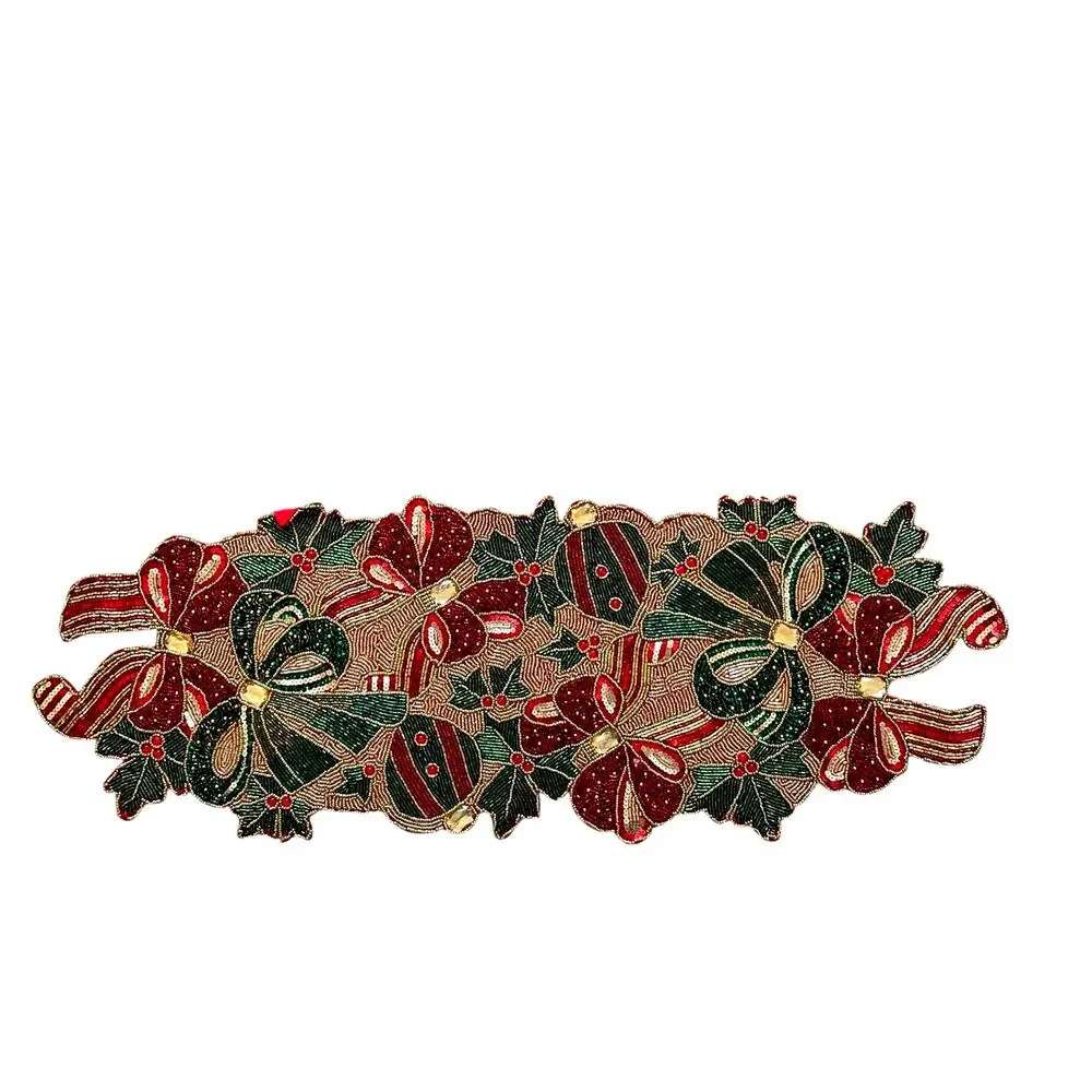 Nicole Miller Beaded Poinsettia Bow Table Runner 13x34 Pink Red Green New
